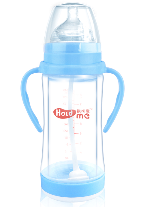 抱抱我寬口徑240ml高硼硅兩用防爆帶柄自動玻璃奶瓶