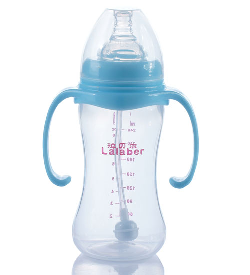 拉貝爾9安士寬口徑自動吸管PP奶瓶-藍色手柄