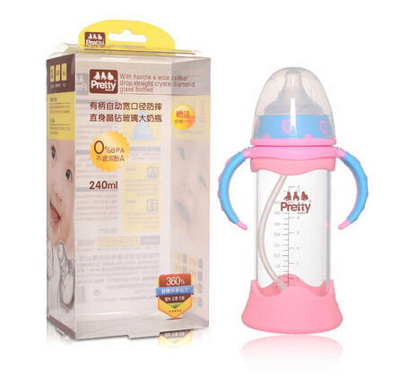 prettybaby有柄自動(dòng)寬口徑防摔直身晶鉆玻璃大奶瓶240ML