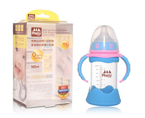 prettybaby有柄自動寬口徑防摔直身晶鉆玻璃小奶瓶180ML