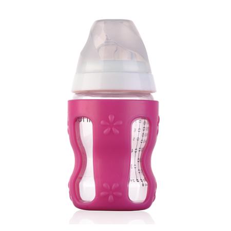 清素250ml寬口玻璃奶瓶(帶保護套+中流量奶嘴)-玫紅色