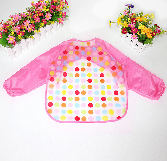 yingeEVA免洗吃飯衣圍兜圍嘴長袖粉圓點