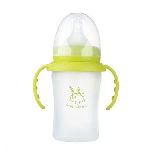 丘比兔寬口徑硅膠自動(dòng)把手奶瓶青色