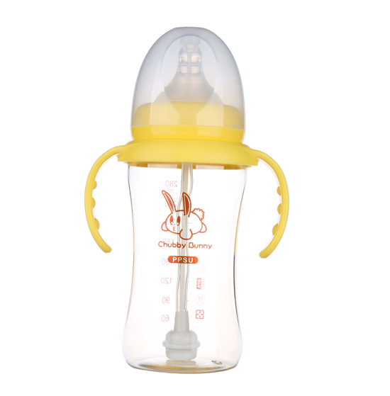丘比兔PPSU寬口徑葫蘆型自動把手奶瓶280ML黃色