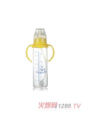 哈尼小熊標準口徑直身雙柄自動晶鉆玻璃奶瓶（盒裝）