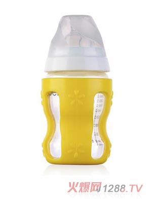 清素250ml寬口玻璃奶瓶（帶保護套+中流量奶嘴）-黃色